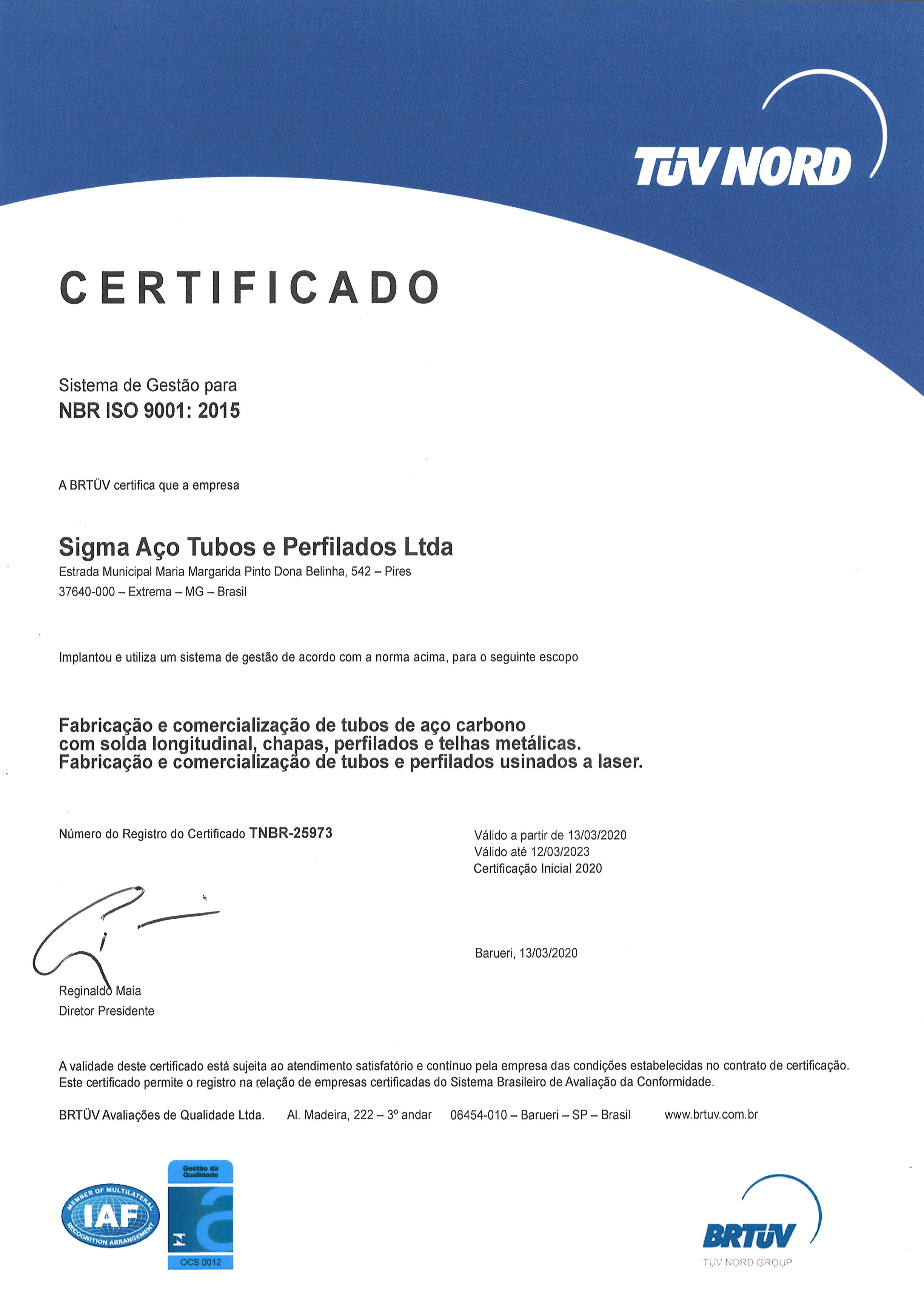 Certificado Iso Sigma Aço